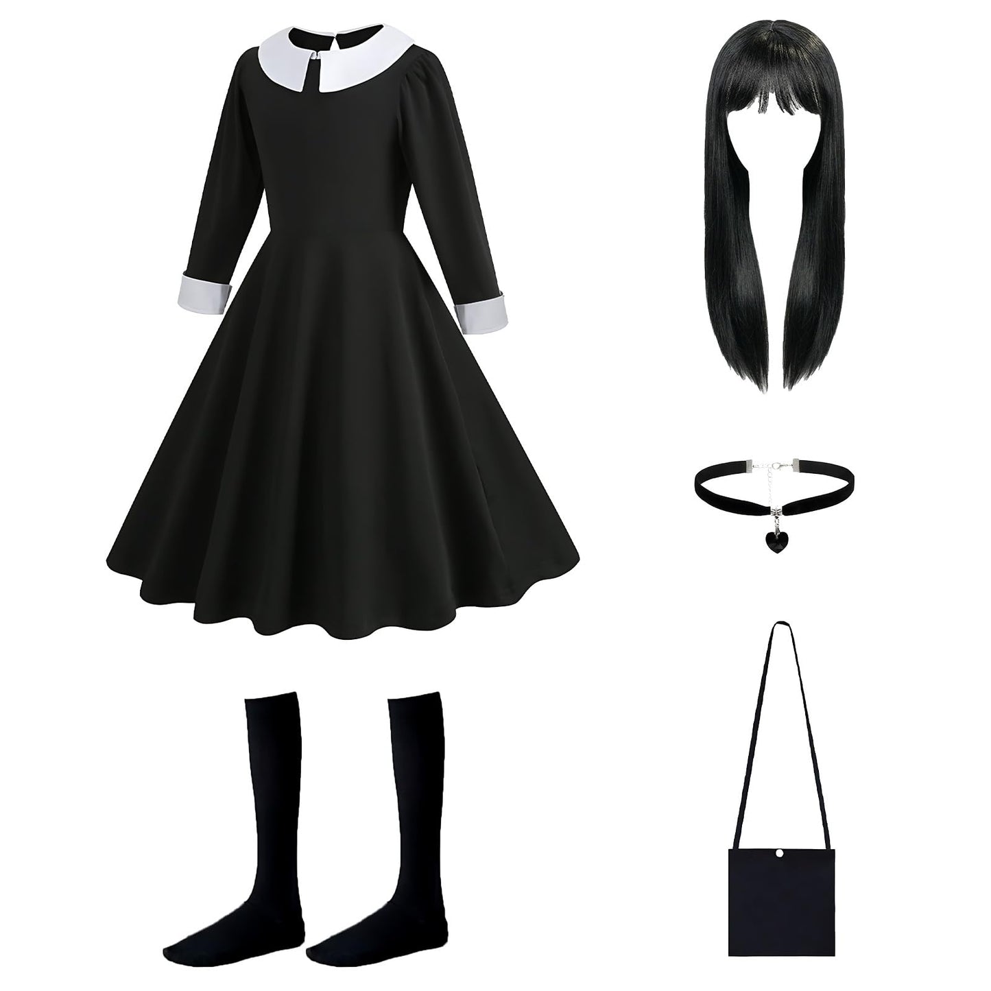 YAEGIMHT 5PCS Black Gothic Princess Costume Set for Girls, Kids Fancy Dress Outfit with Skirt, Wig, Socks, Necklace & Bag for Halloween Party Cosplay (140)