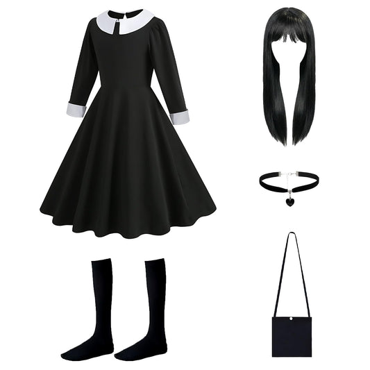 YAEGIMHT 5PCS Black Gothic Princess Costume Set for Girls, Kids Fancy Dress Outfit with Skirt, Wig, Socks, Necklace & Bag for Halloween Party Cosplay (140)