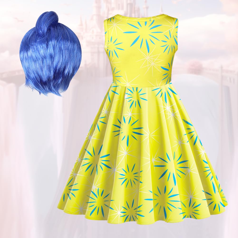 DiULi Girls Costume, Yellow Joy Princess Dress, Role Play Masquerade Sleeveless Dress, Suitable for Halloween Party Birthday Dress Up, with Wig(Yellow#150)