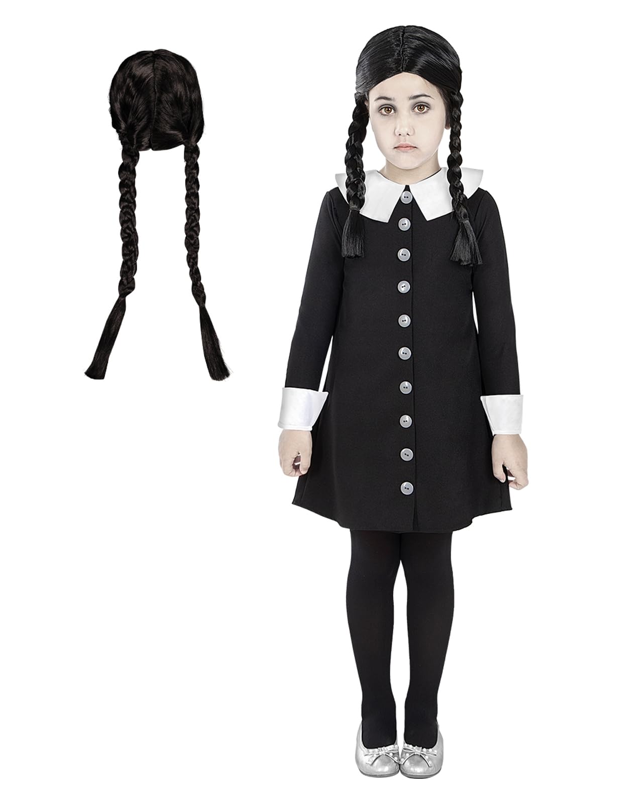 Funidelia Official Wednesday Addams Costume with Wig - The Addams Family for Girls, Includes Dress and Wig - Outfit for Kids for Parties, Carnival and Halloween - Size 3-4 years