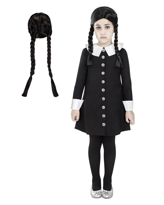Funidelia Official Wednesday Addams Costume with Wig - The Addams Family for Girls, Includes Dress and Wig - Outfit for Kids for Parties, Carnival and Halloween - Size 3-4 years