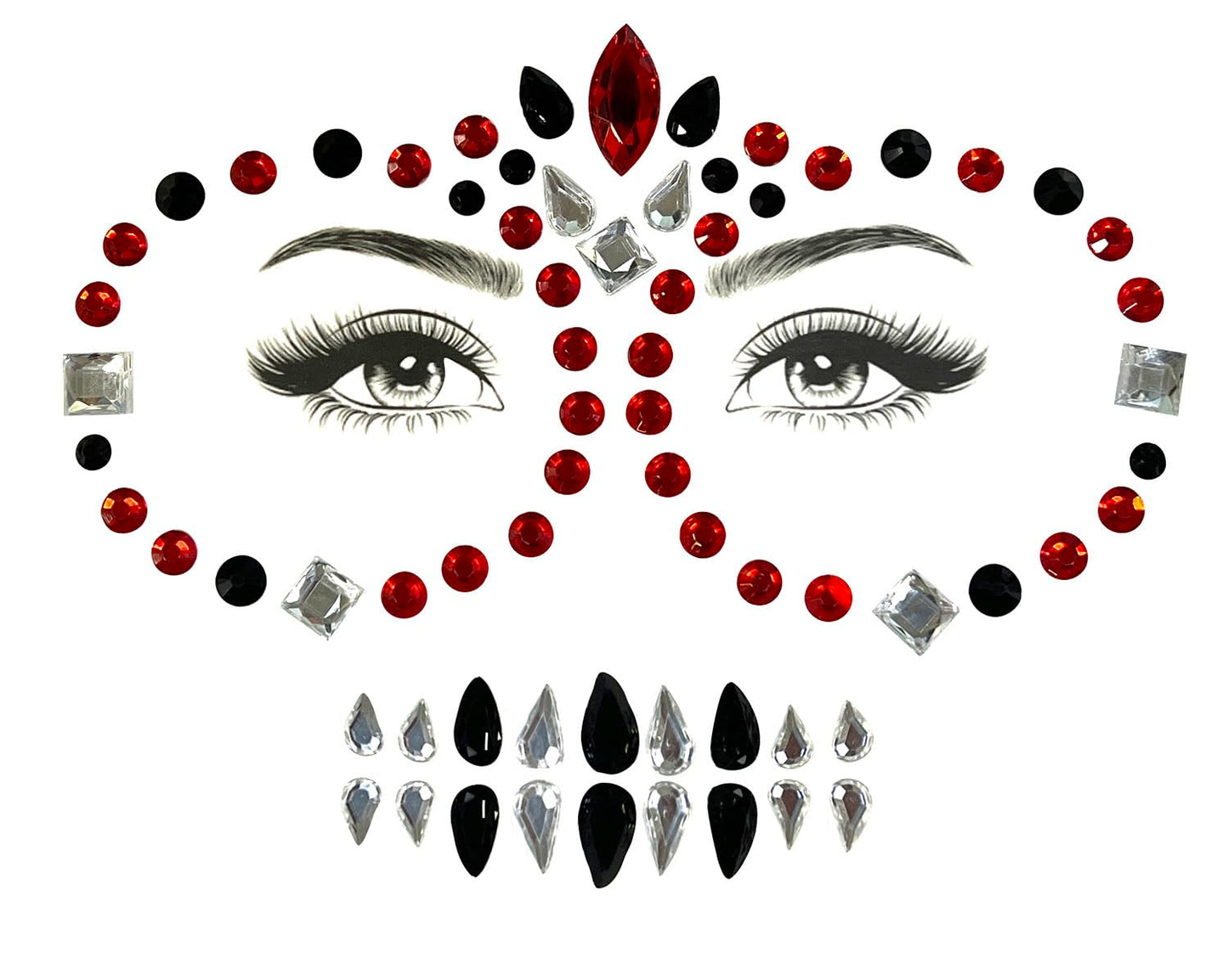 Day of the Dead Face Jewels, Day of the Dead Makeup Face Gems Stickers Crystals, Halloween Face Jewels Tattoo Festival Make up Kit Costume for Women Men (1Piece, Red and Black C)