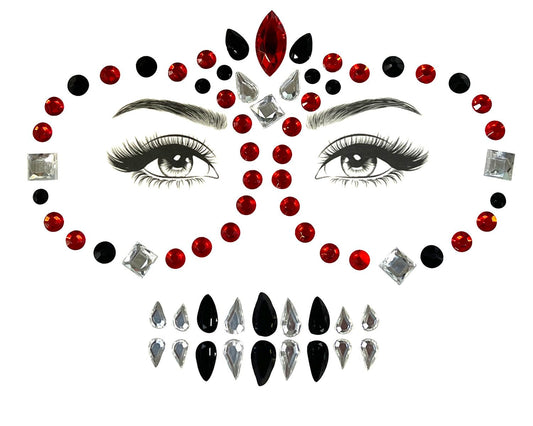 Day of the Dead Face Jewels, Day of the Dead Makeup Face Gems Stickers Crystals, Halloween Face Jewels Tattoo Festival Make up Kit Costume for Women Men (1Piece, Red and Black C)