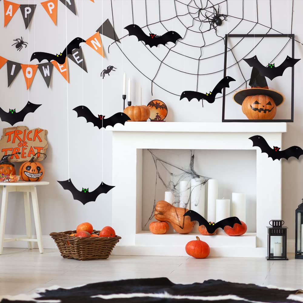 DTYDECLE 12PCS Halloween Hanging Bats, Halloween Flying Bat Hanging Decorations with Glowing Eyes for halloween Decor Outdoor Yard Party Decoration Supplies