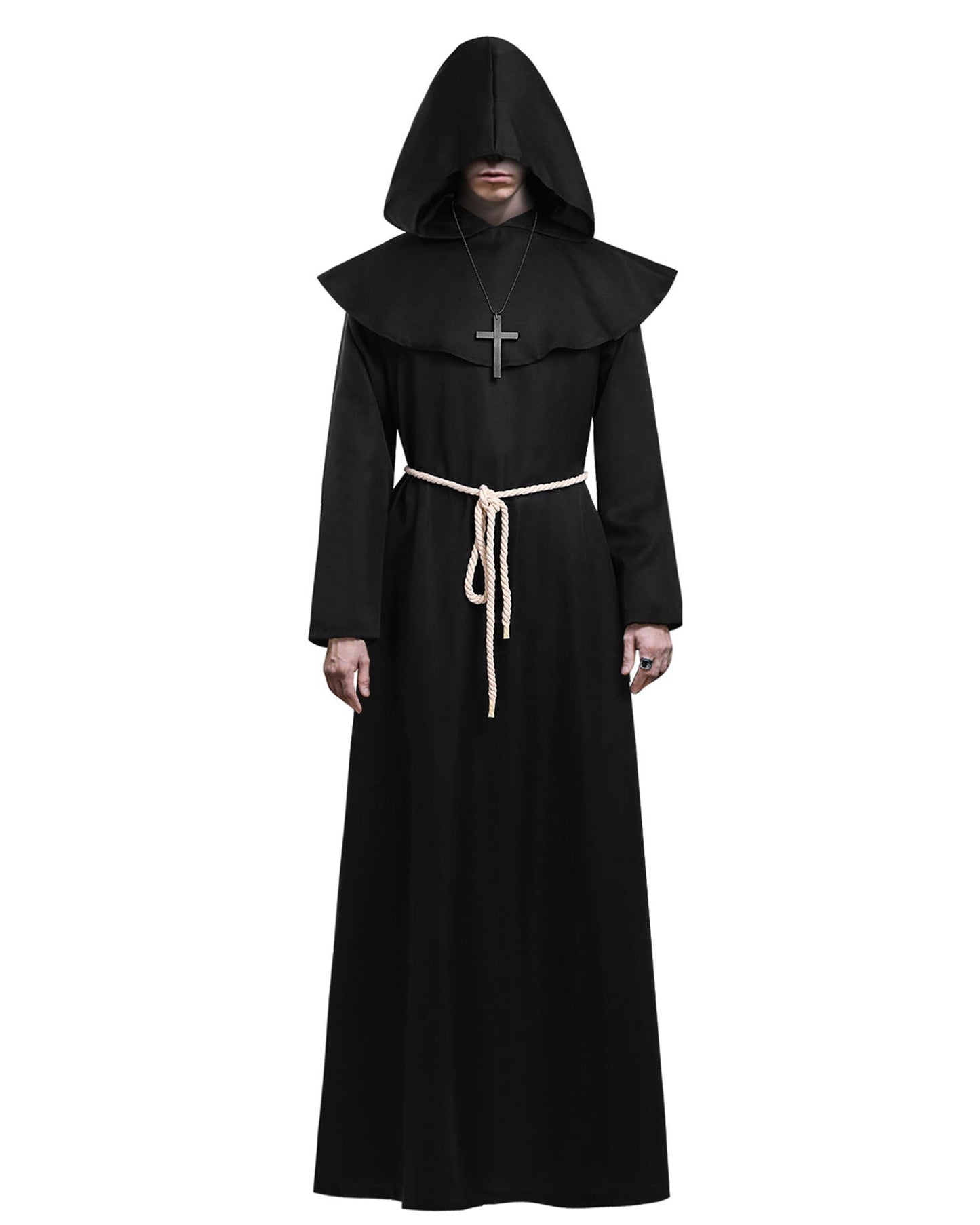KONVINIT Halloween Monk Costume for Adult Medieval Friar Hooded Monk Black Cape Renaissance Priest Robe Mens Halloween Costumes,black L