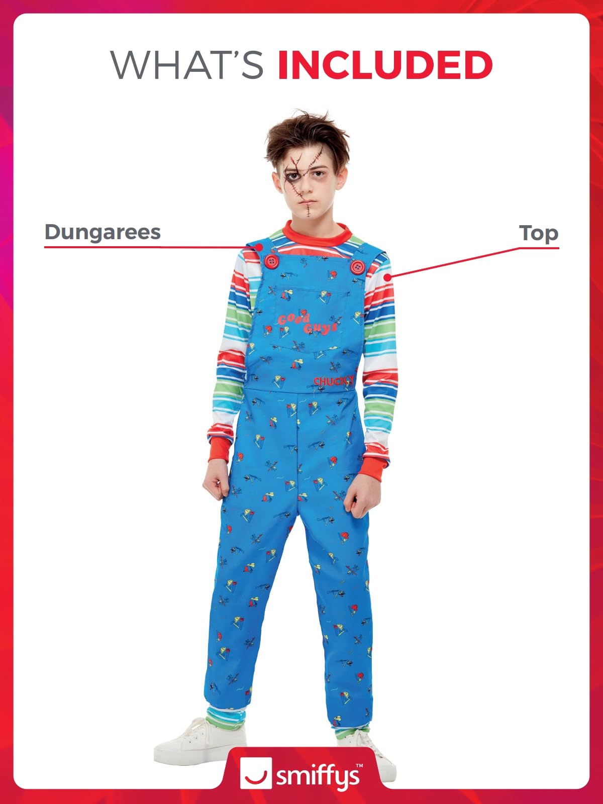Smiffys Chucky Costume in Blue for Kids, Dress and Top, Officially Licensed, Blue Dungaree Dress and Striped Top with Colour Block Cuffs, Ideal for Halloween and Matching Costumes