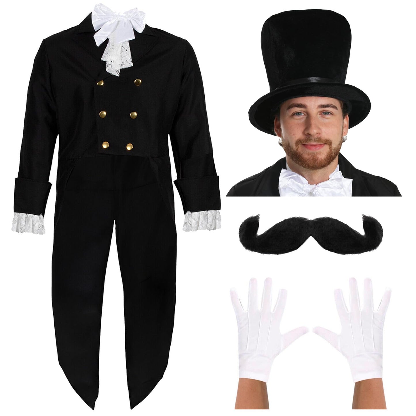 Posh Victorian Man Costume - Large - Black Jacket, White Cravat, Plush Top Hat, White Gloves and Moustache - Historical Fancy Dress