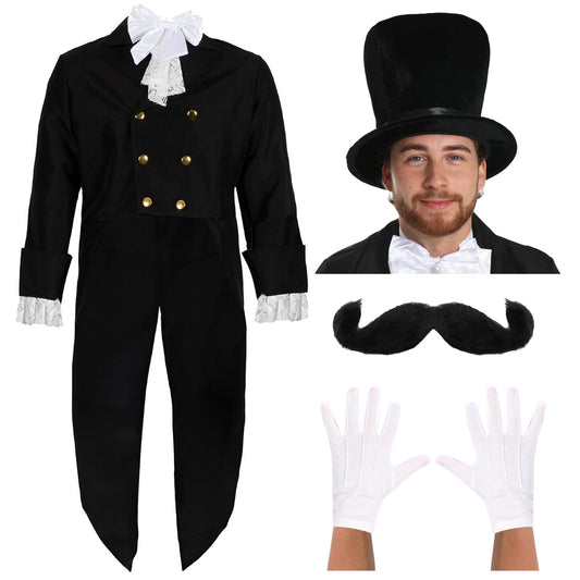 Posh Victorian Man Costume - Large - Black Jacket, White Cravat, Plush Top Hat, White Gloves and Moustache - Historical Fancy Dress