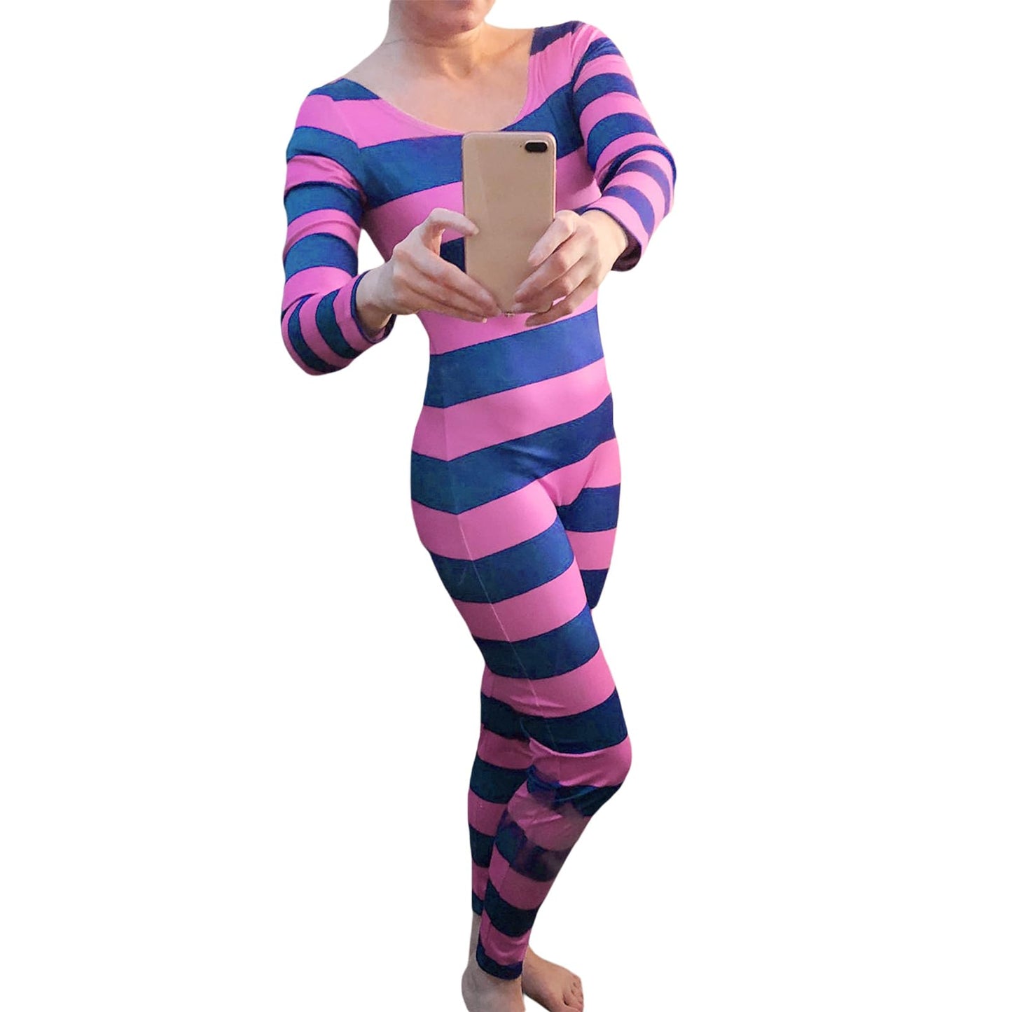 Cusghjbsg Women Halloween Cheshire Cat Cosplay Costume Long Sleeve Stripe Print Contrast Color Slim Jumpsuit Role Play Outfit Romper (Pink Purple A, L)