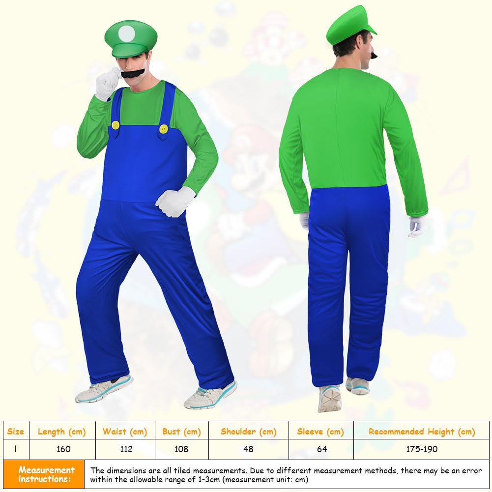 Aomig Super Plumber Costumes 4 Pack Brothers Workman Cosplay Costume Kits with Bodysuit Hats Cap Mustaches White Gloves 1980s Videogame Bros Fancy Dress Outfit Costume for Women Men(Green)