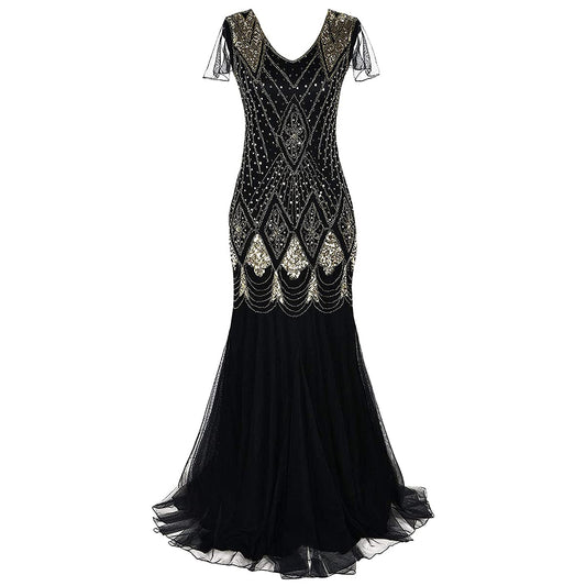 Woman wearing 1920s sequin flapper gown