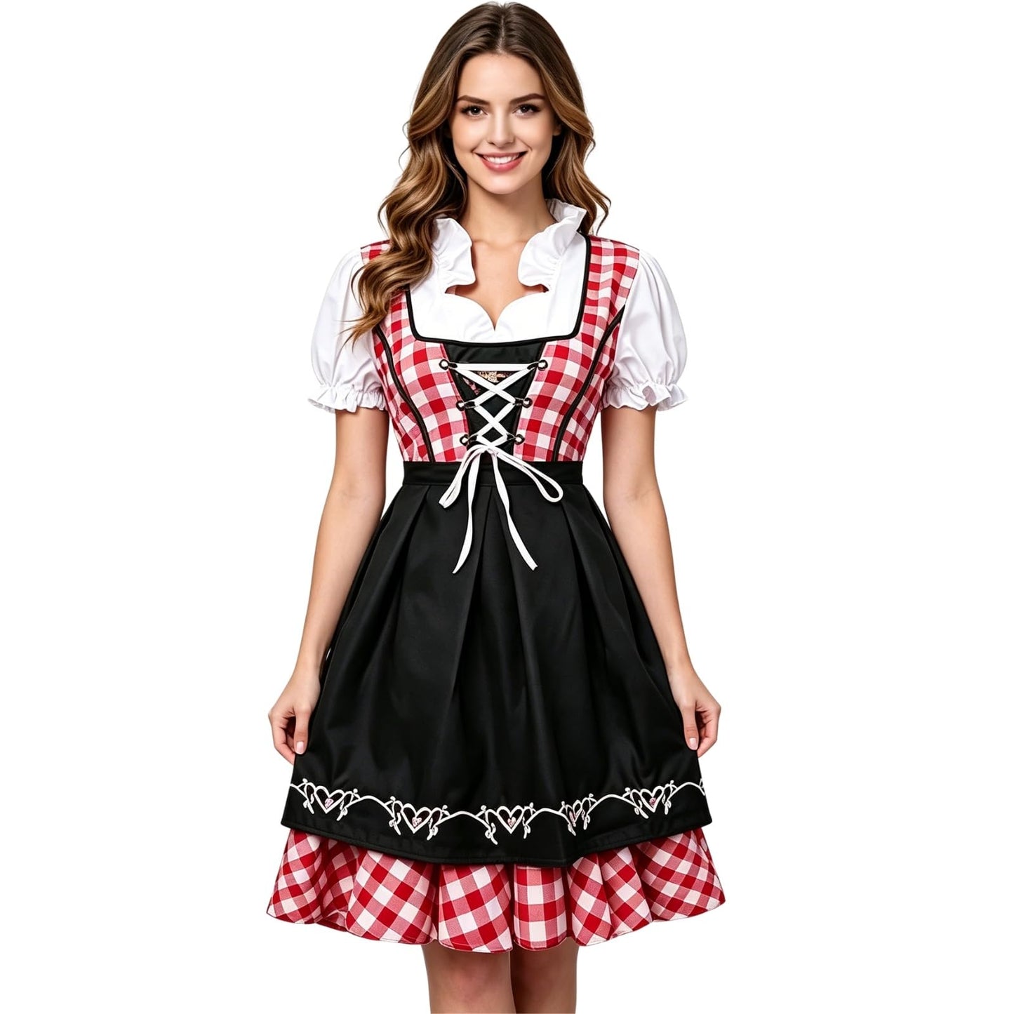 HAPNBCELE Oktoberfest Costume for Womens, German Dirndl Plaid Dress with Apron Traditional Beer Bavarian Carnival Halloween (Red Plaid, Medium)