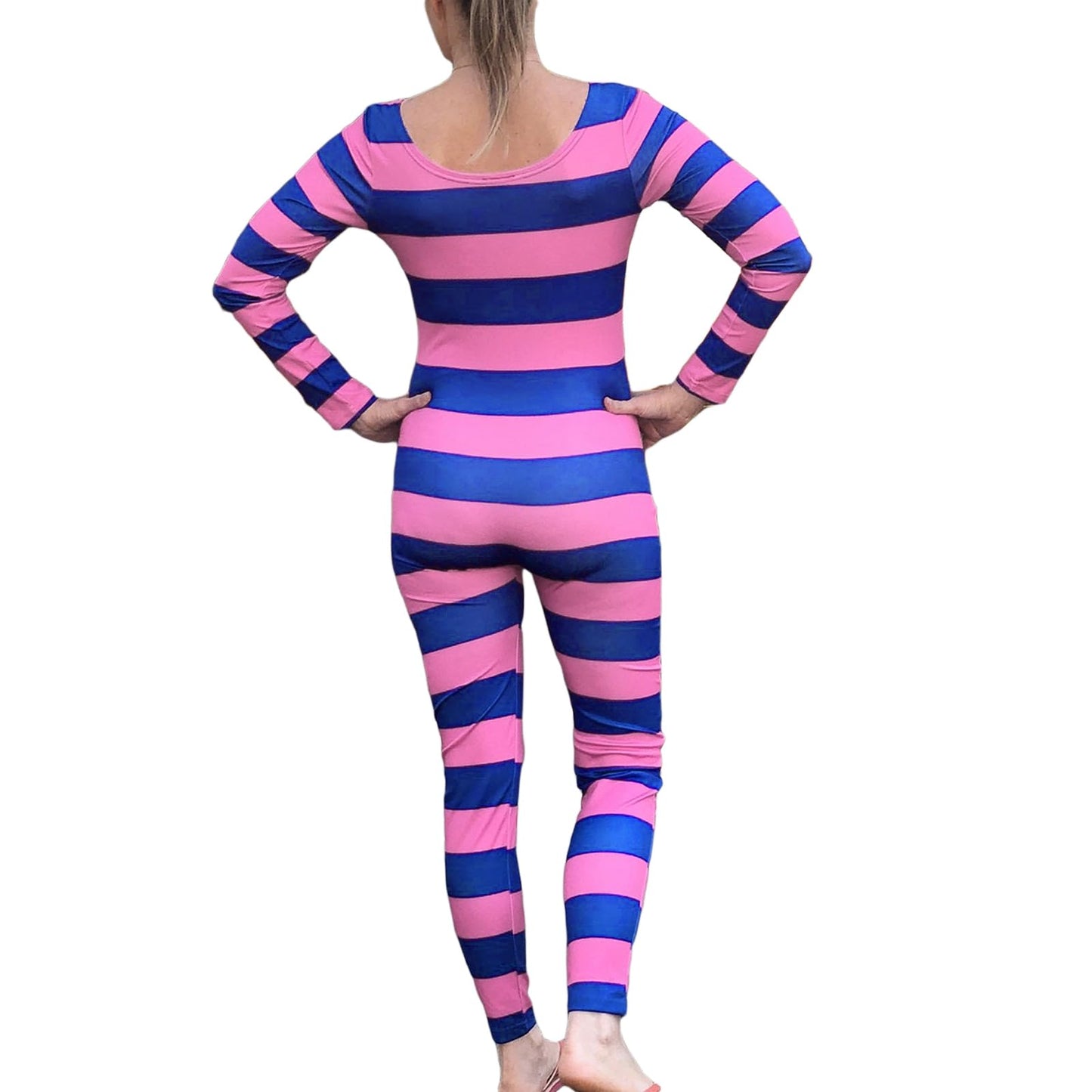 Cusghjbsg Women Halloween Cheshire Cat Cosplay Costume Long Sleeve Stripe Print Contrast Color Slim Jumpsuit Role Play Outfit Romper (Pink Purple A, L)