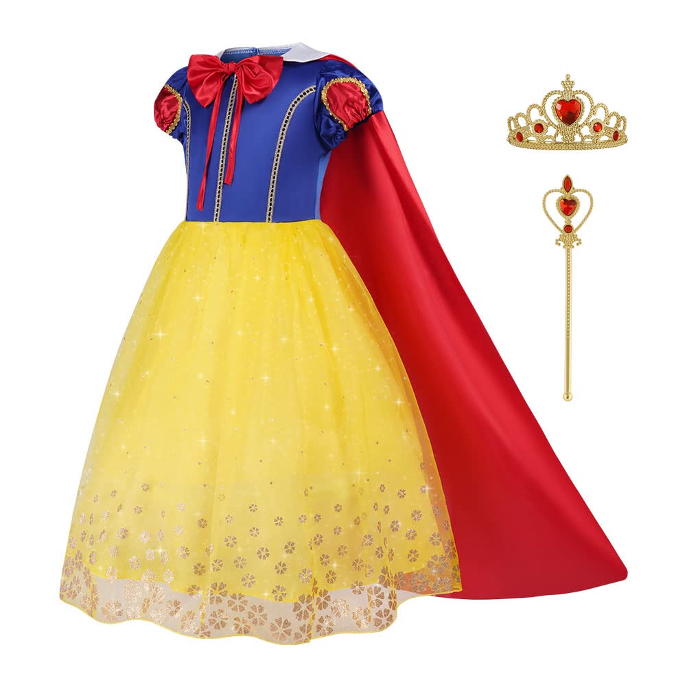 Aomig Girls White Snow Costume, Deluxe White Snow Princess Fancy Dress With Crown Wand and Red Cape, White Snow Princess Dress Up for Girl Birthday Bridesmaid Christmas Carnival Halloween Cosplay(120)