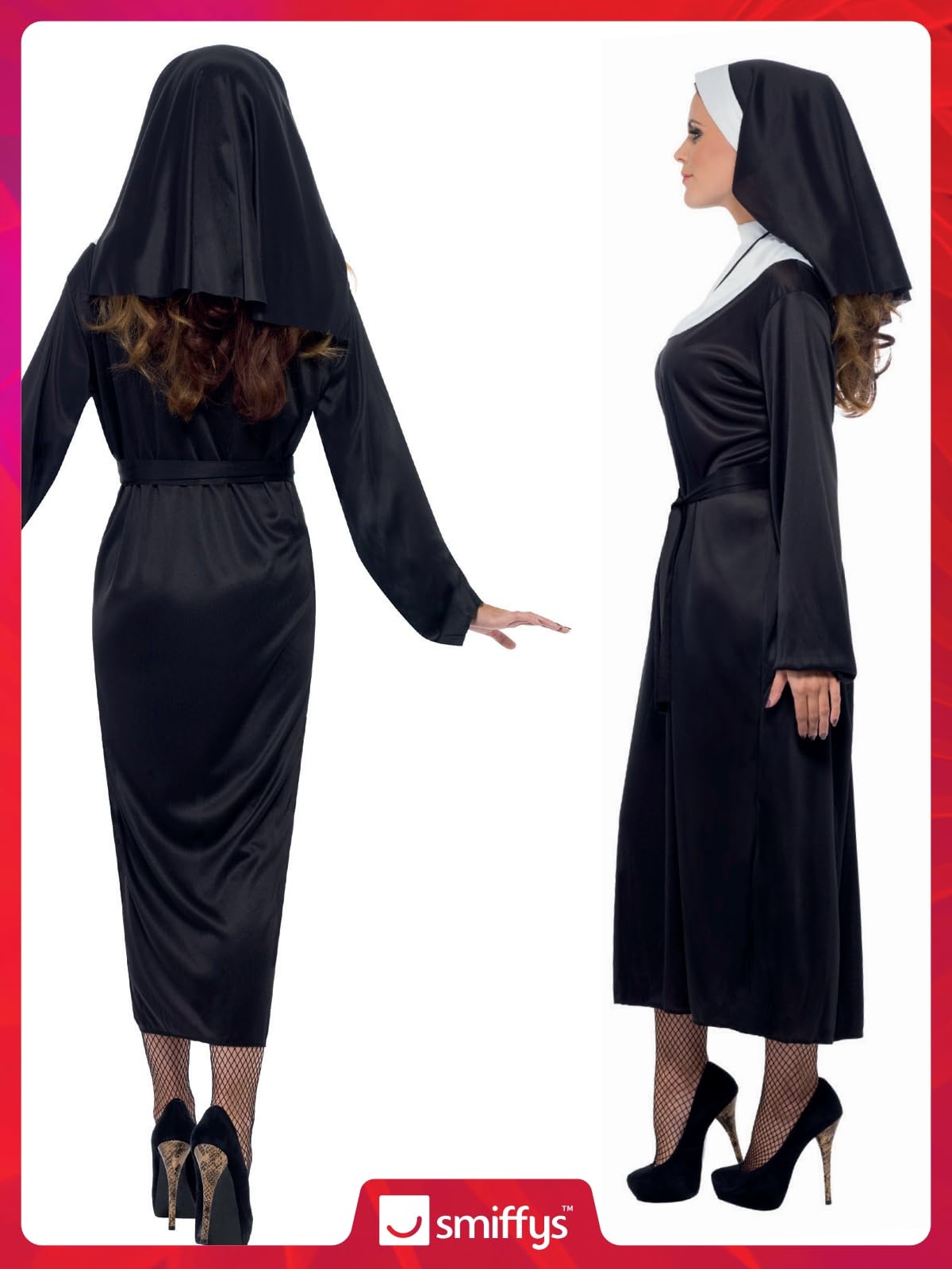 Smiffys Nun Costume for Women, Black and White Religious Fancy Dress Outfit Featuring Full-Length Dress, Belt, and Headdress, Classic Saints Sinners Halloween Adults Fancy Dress Parties, Medium