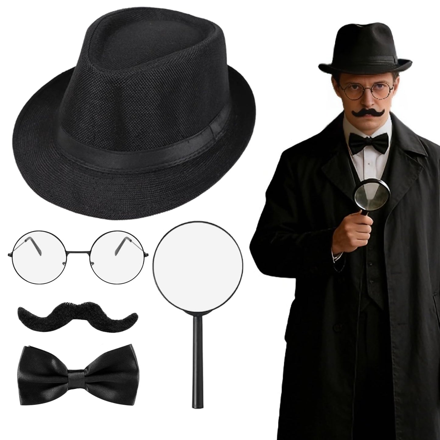 GYIOFAI 5 Pcs Adults Detective Costume Accessories Set, Detective Fancy Dress Kit with Hat Fake Mustache Bow Tie Black Frame Glasses Magnifier, for Halloween Cosplay Carnival Word Book Day (Black)