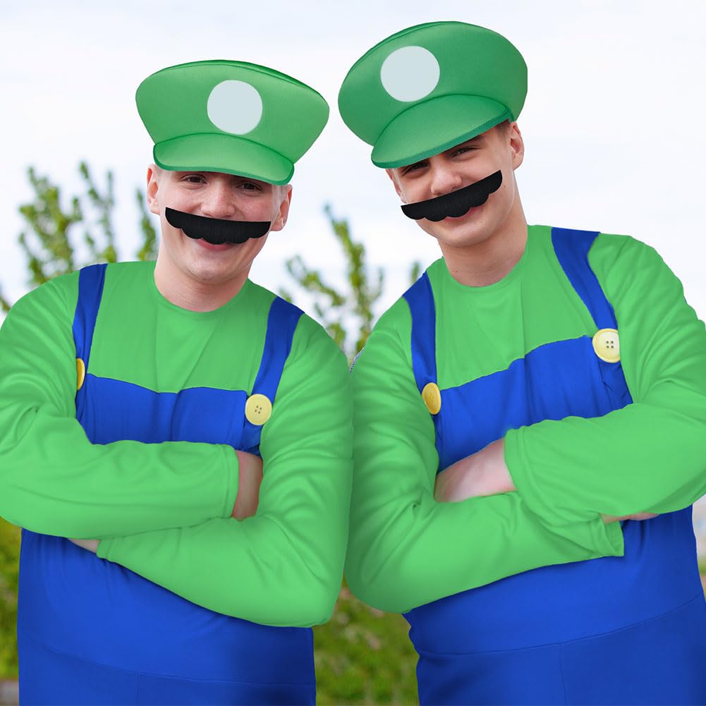 Aomig Super Plumber Costumes 4 Pack Brothers Workman Cosplay Costume Kits with Bodysuit Hats Cap Mustaches White Gloves 1980s Videogame Bros Fancy Dress Outfit Costume for Women Men(Green)
