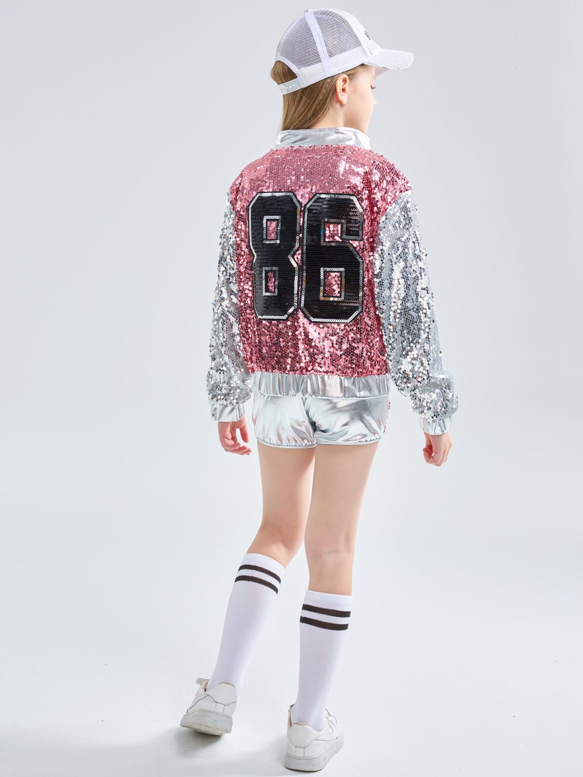 4-Piece Girls Hip Hop Sequins Costume - Sparkly Graphic Jacket (image 5)