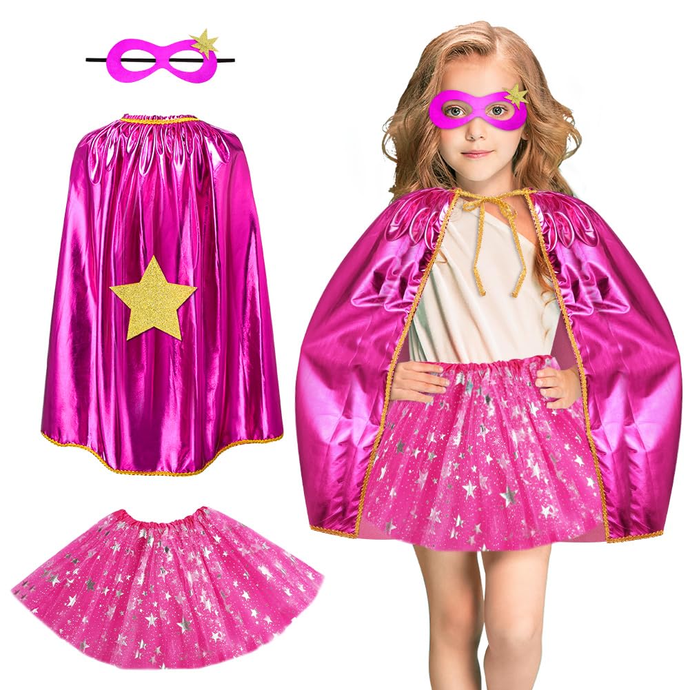 AUYAO Super-heroes Costumes Heroes Capes Kit, Kids Capes Cloak Dress Up Set with Mask Tutu Ballet Dance Skirt, 3Pcs Girls Princess Costumes Capes for Halloween Christmas Birthday Party(Rose Red)