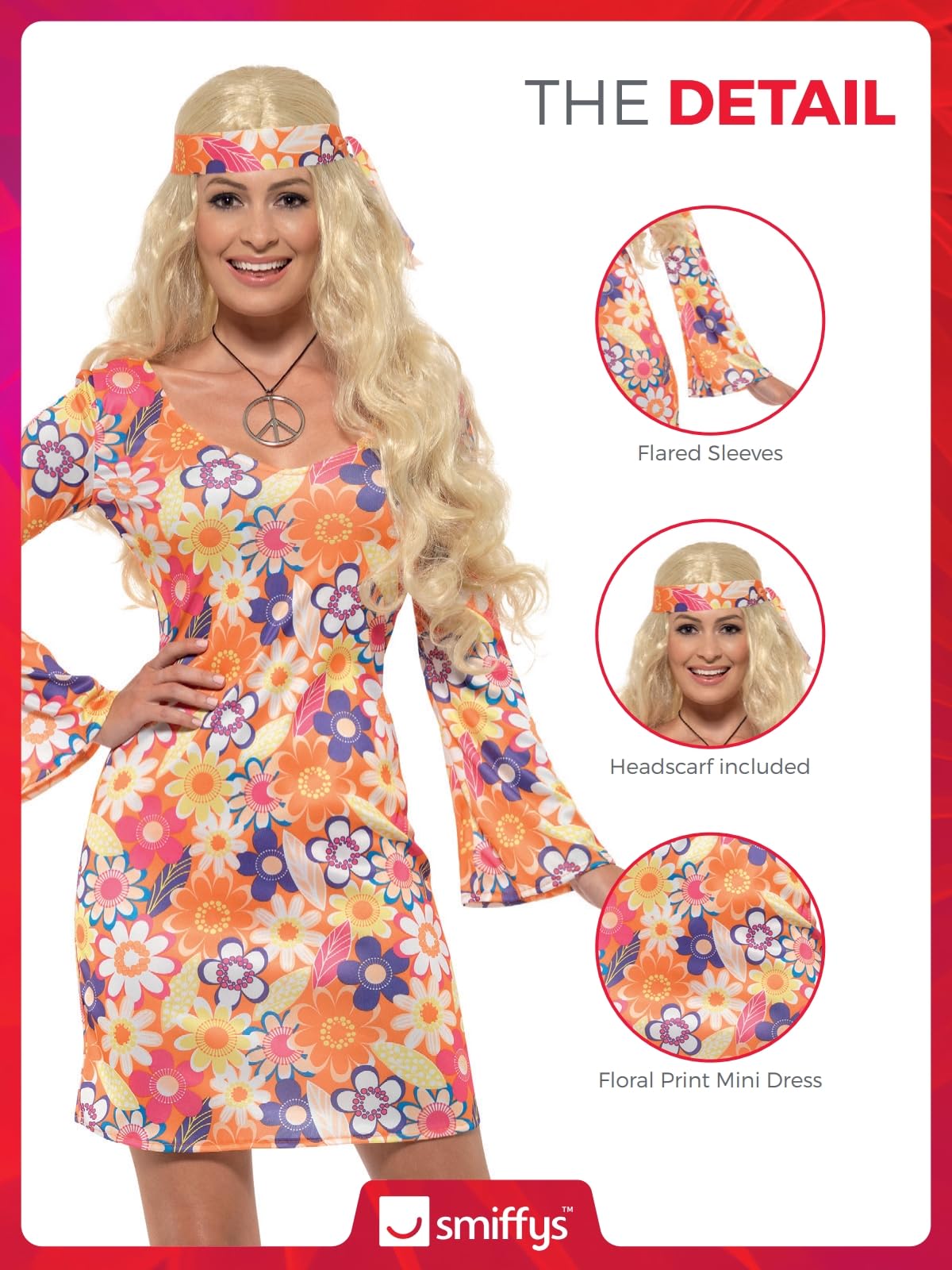 Smiffys Flower Hippie Costume, Multi-Coloured, with Dress, Headscarf & Pendant Halloween