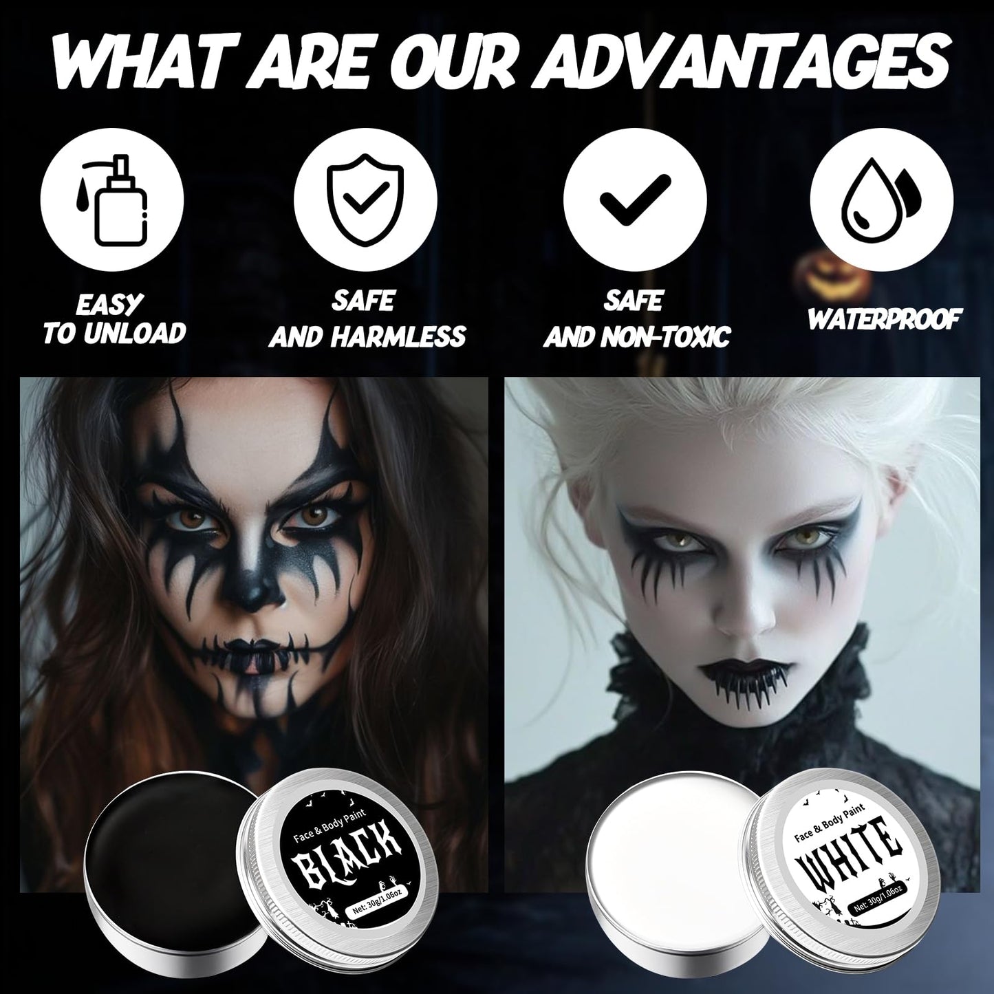 White Black Face Paint Makeup Halloween - 60g Halloween Make Up Kit Kids Adults, Halloween Face Paints Kit for Children, Skeleton Zombie Clown Makeup Halloween, Body Paint for Fancy Dress Festivals