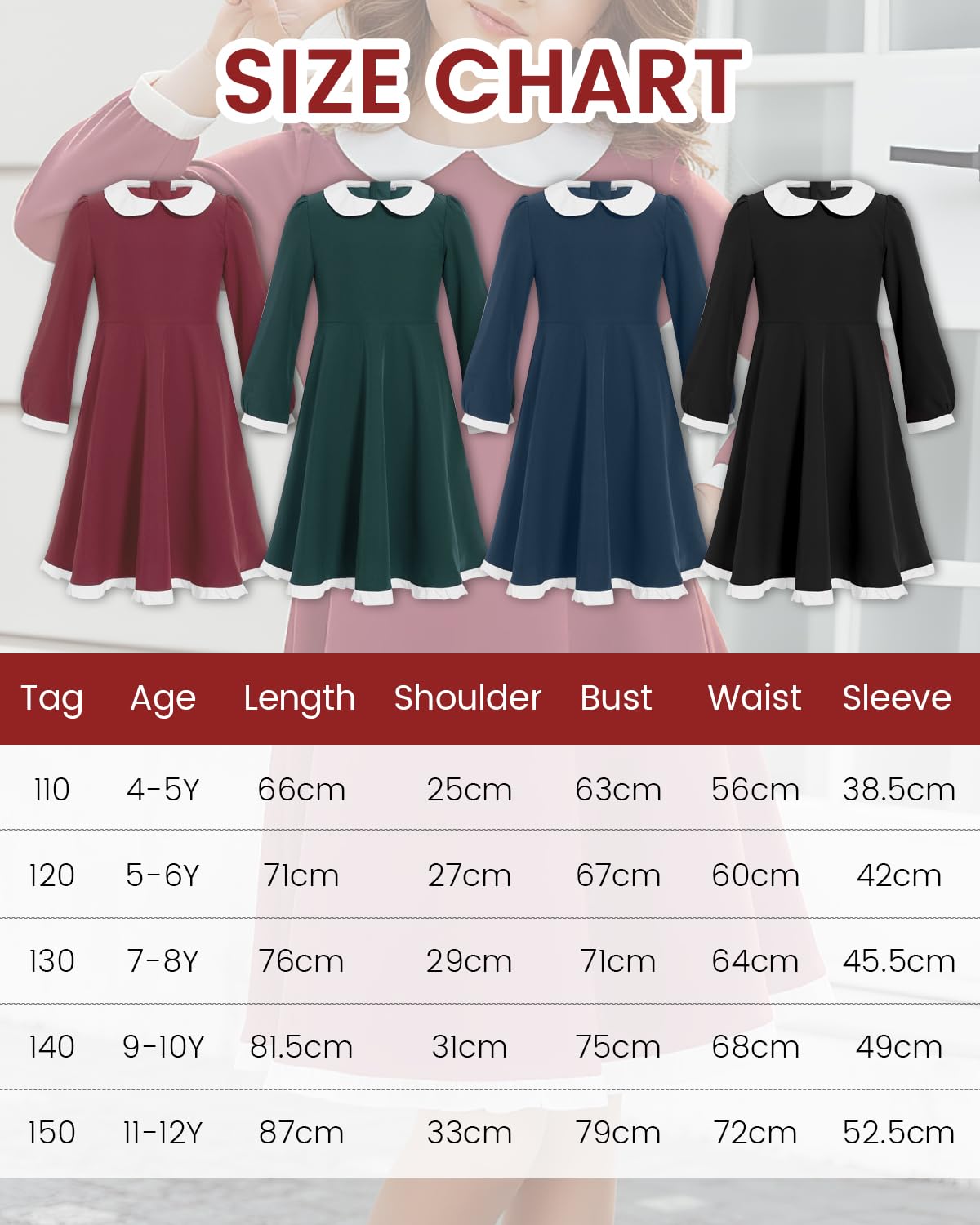 JiAmy Dress Girls Skater Dresses Long Sleeve Swing Peter Pan Collar Elegant Halloween Christmas Party Flared Dress Kids with Pockets 120,Black