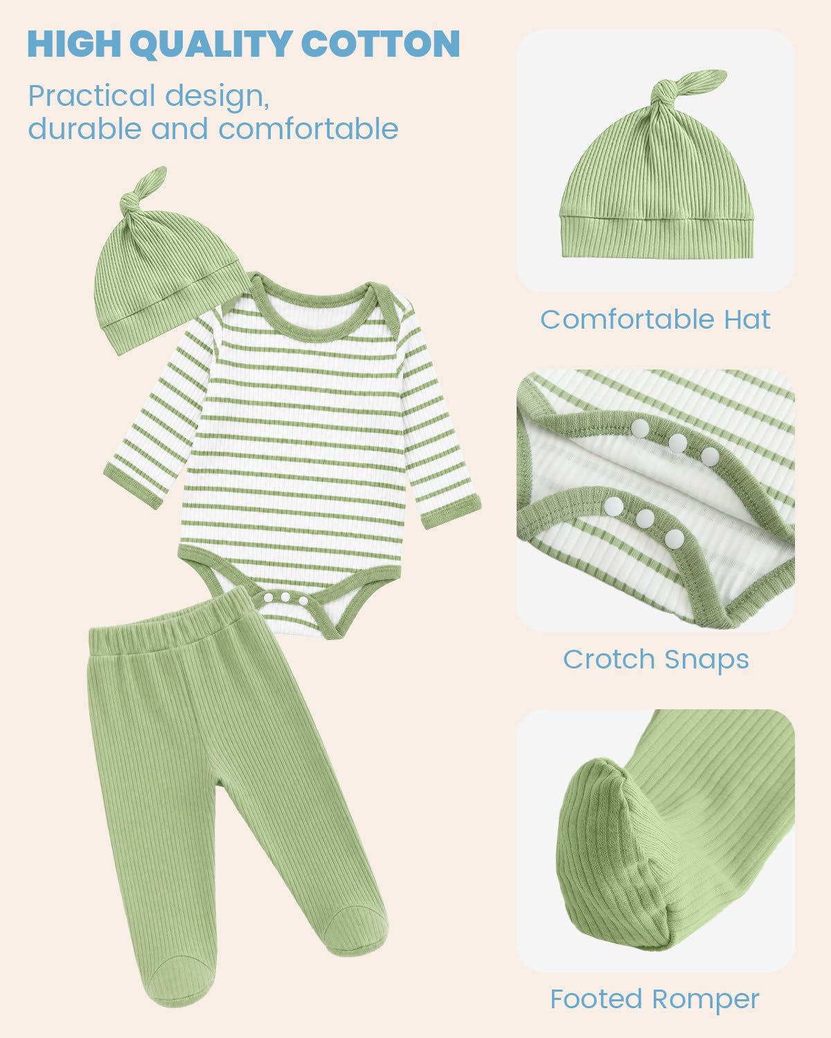 JiAmy Newborn Baby Boys Clothes 3Pcs Infant Long Sleeve Cotton Stripes Romper + Pants + Hat Clothing Set Baby Bodysuits Outfit for 0 Months Light Green