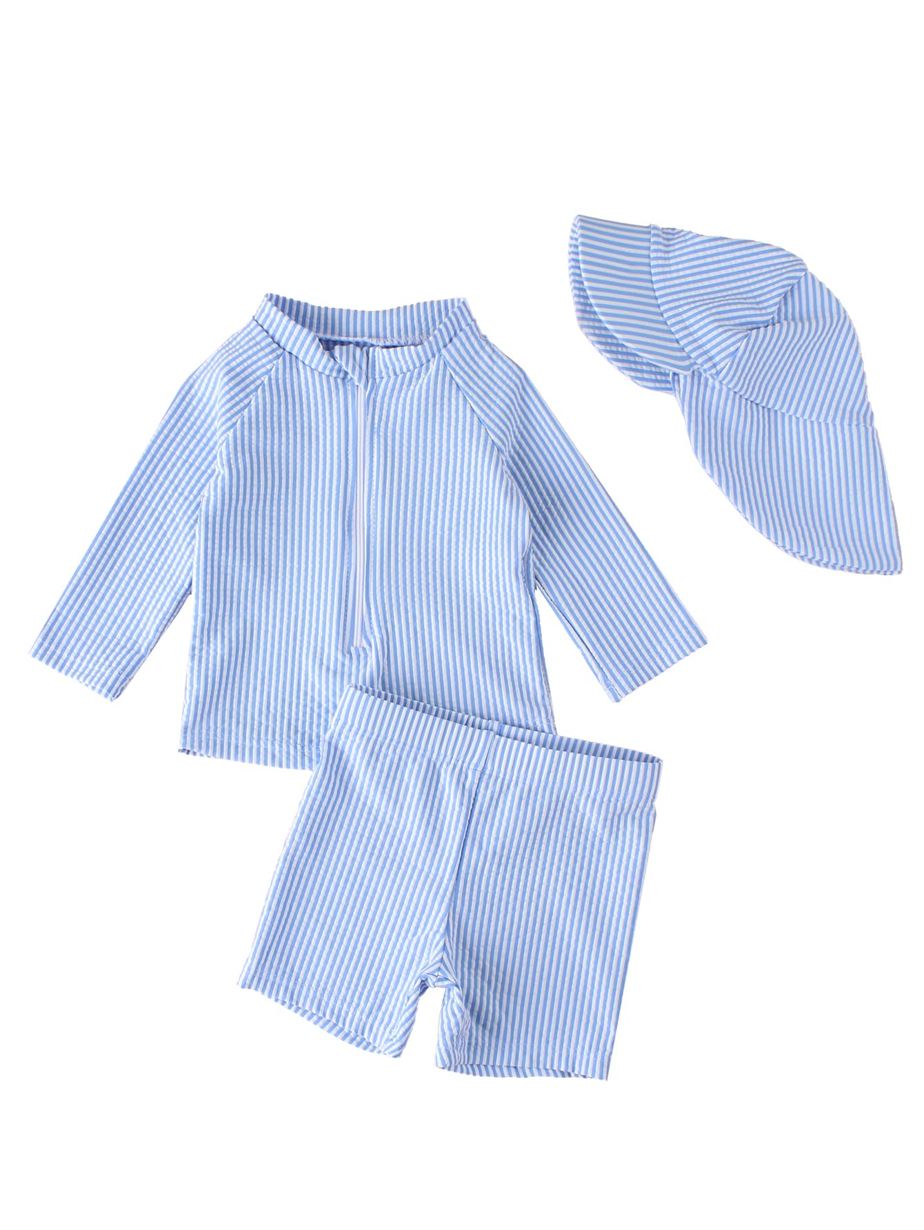 JiAmy Baby Boys Swimming Costume with Sun Hat 3PCS Long Sleeve Zip Up Rash Guard Shirt Swim Truck Infant Toddler Baby Swimsuit Blue 1-2 Years
