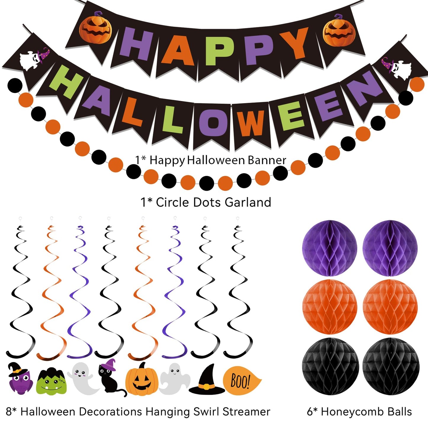 Happy Halloween Banner Decorations - Honeycomb Ball & Swirl Streamer Circle Dot Garland