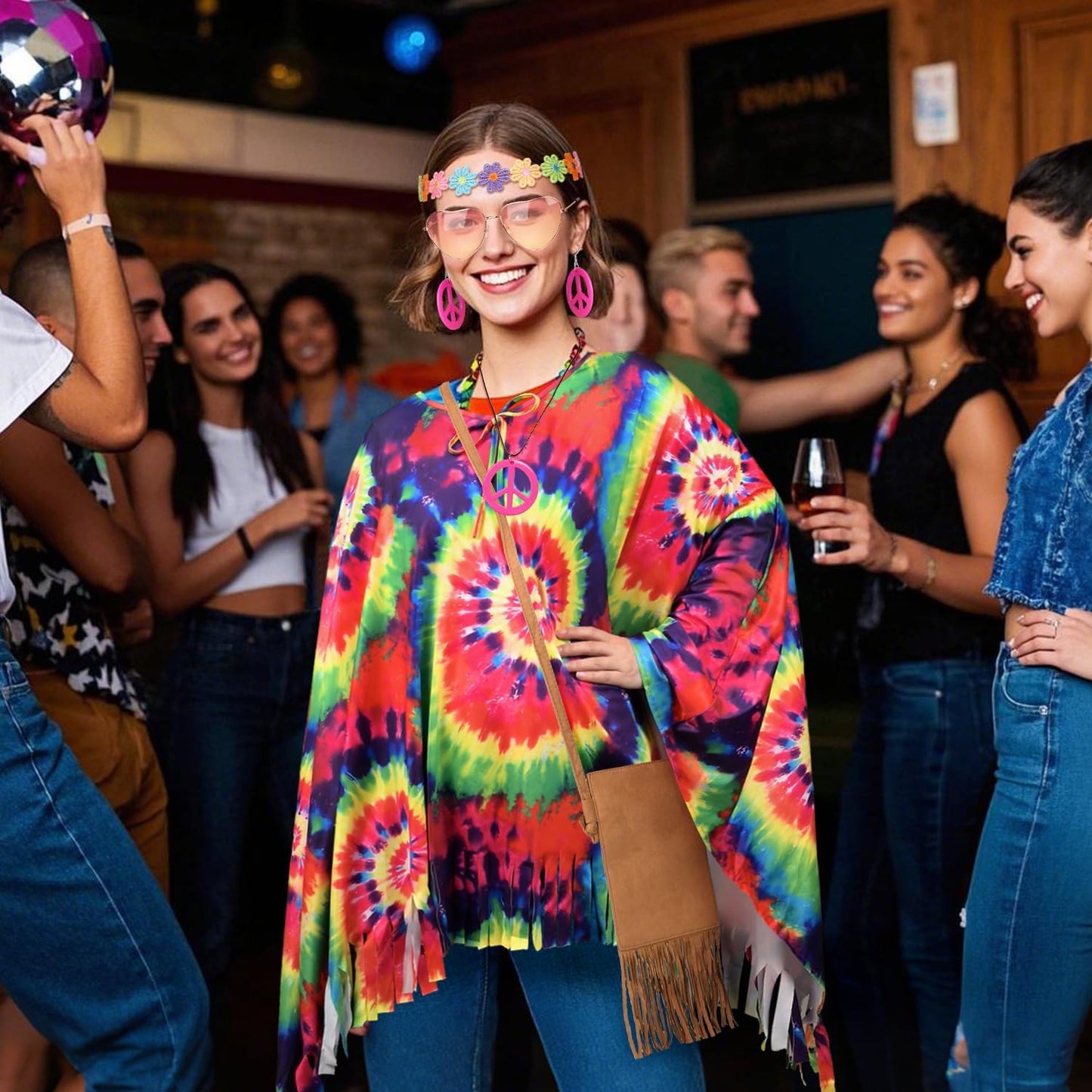 iZoeL 70s Hippie Costumes Women Hippie Clothes Teen Girls Boho 70s Costume 80s Accessories 60s Retro Festival Outfit - Top Bag Sunglasses Peace Necklace Headband- Retro Disco Fancy Dress