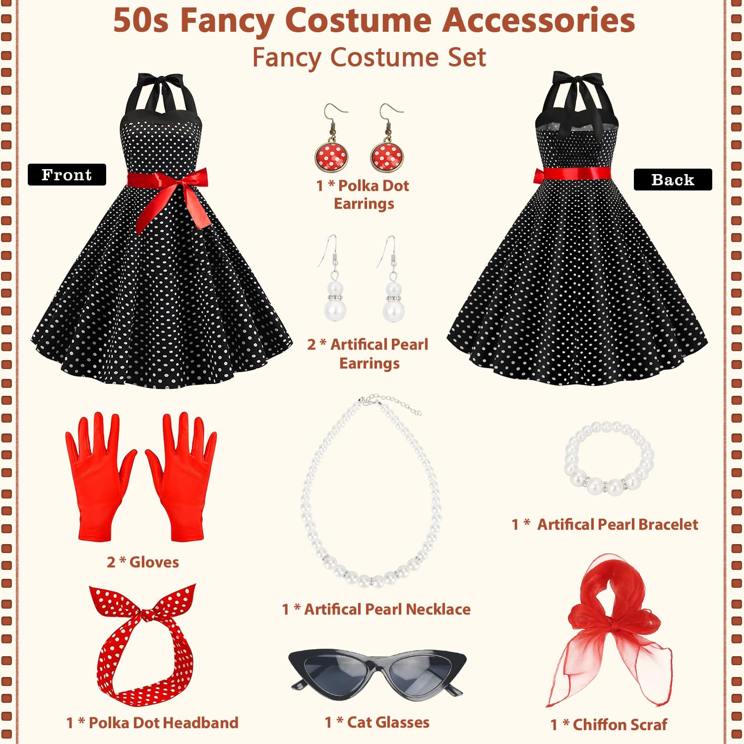 50s Costume Accessories - 1950s Fancy Dress Kit Women Retro Outfit (image 2)