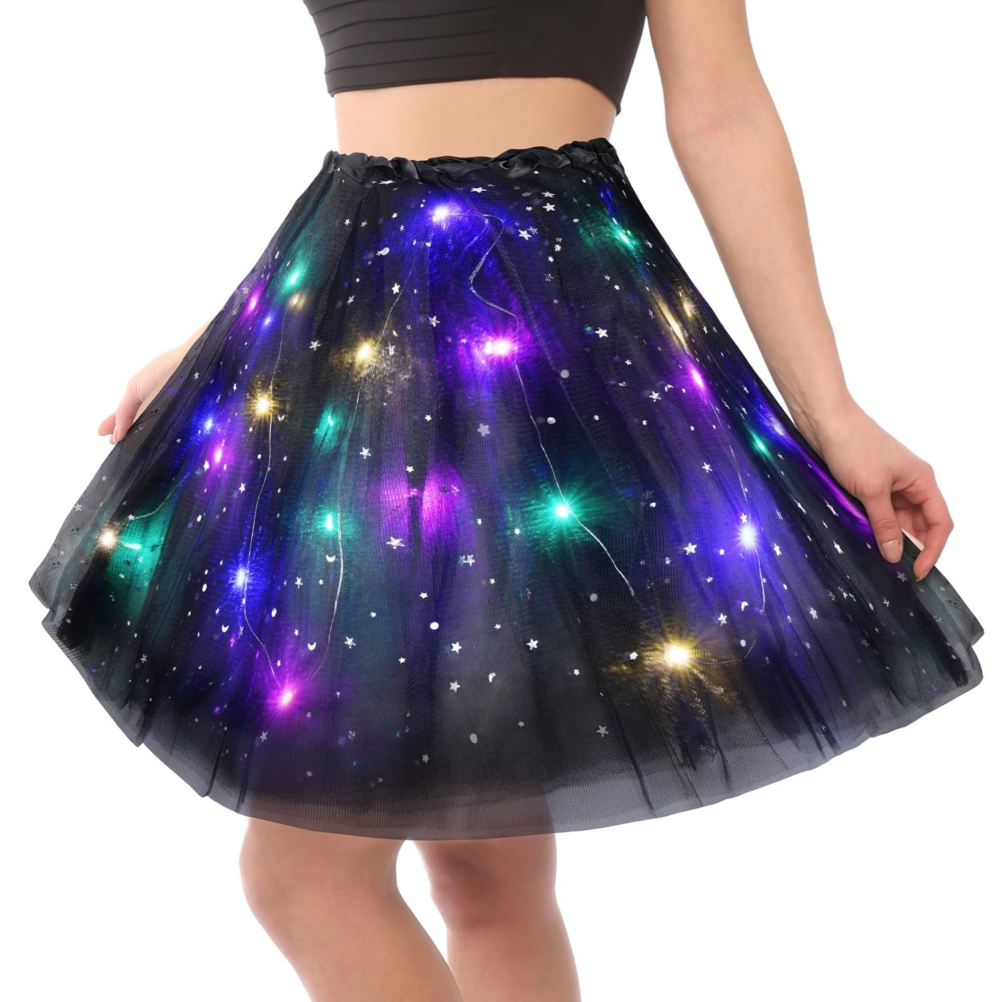 URAQT Tulle Tutu Skirts for Women LED Light Up, Tutu Skirts Sequins Stars Elastic, Tutu Adult Teen Skirt Ballet Dance Festival Outfit Halloween Party Costume # Black