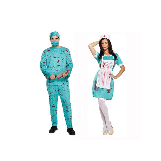 Adult zombie surgeon and nurse couple costume with bloodstain