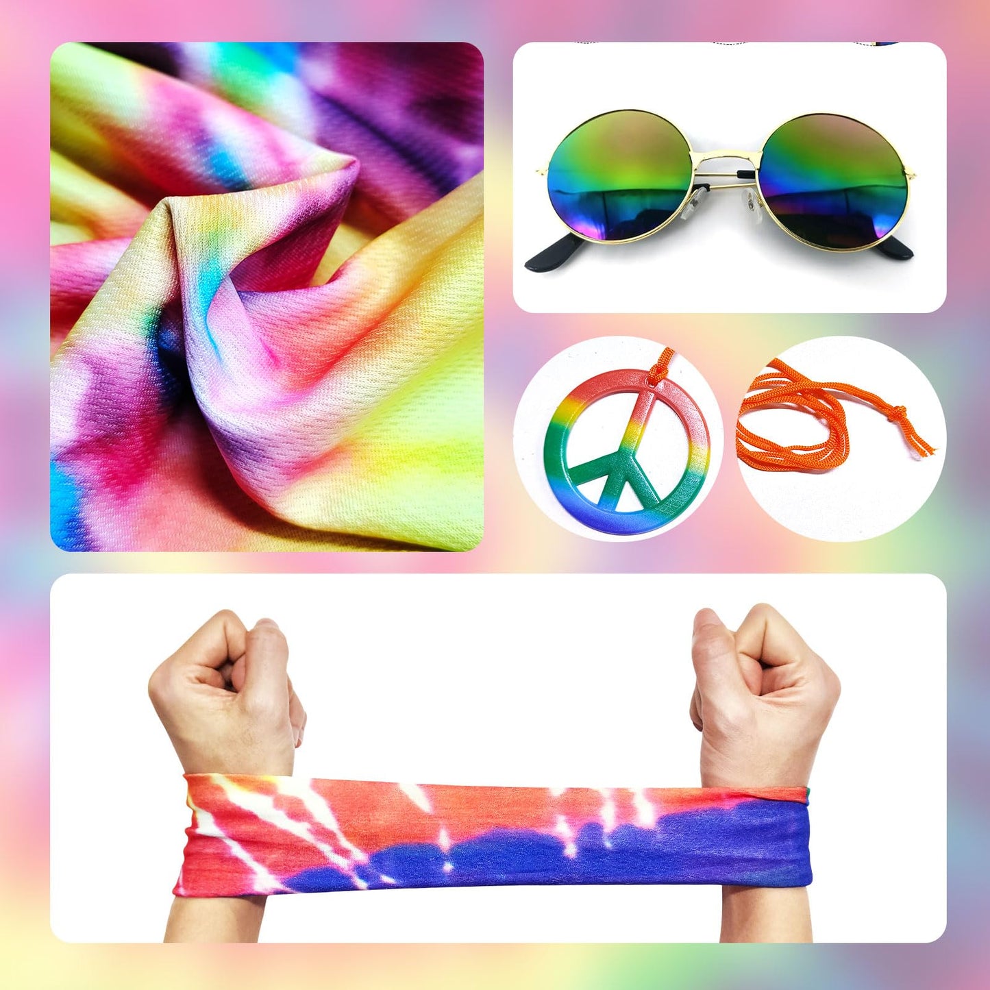 SAIIURV 4 Pcs Hippie Costumes T-Shirt, Sunglasses Peace Necklace Headband, Mens & Womens Pop Hippie 70s Disco, Rock Star Party, 1980s Fancy Dress for Retro Theme Party Cosplay Dress Up(Multicolor)
