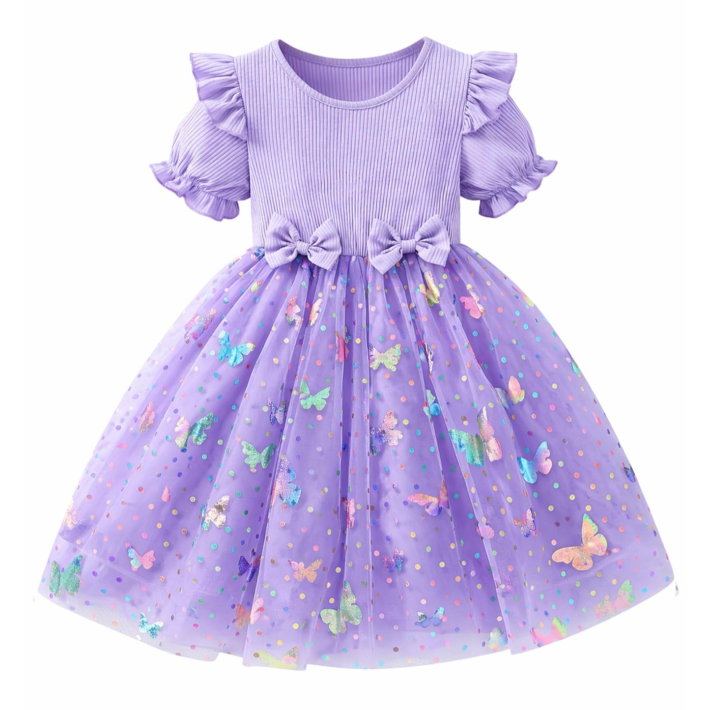 Girls Purple Flower Girl Dress Tulle Tutu Princess Dress Butterfly Dress with Ruffle Sleeves and Bowknot, Birthday Dress for Girls Aged 3 Years, Ideal for Spring Outings and Family Gatherings