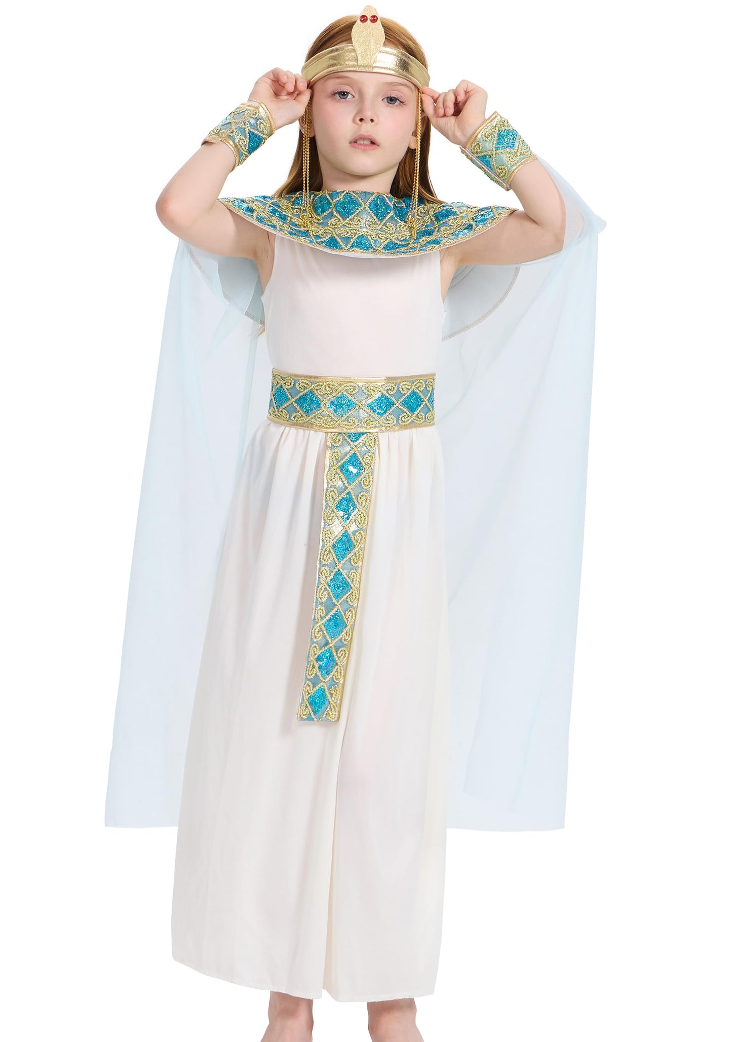 IKALI Girls Cleopatra Costume, 5 Pcs Egyptian Queen Dress Ancient Outfit for Kids Egyptian Girl World Book Day 8-10 Years