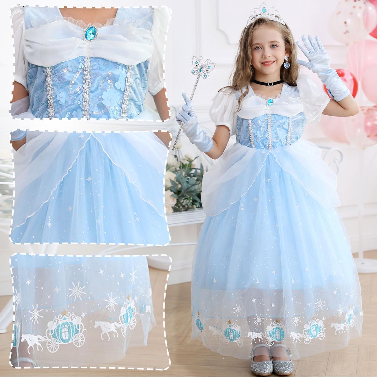 Snyemio Princess Dress for Girls Blue Costume Kids Fancy Dressing Up Tulle for Birthday Party Cosplay Outfits, 2-3 Years(Label 100)