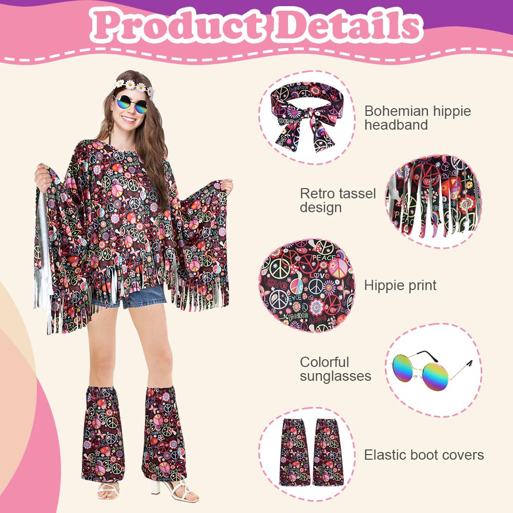 AOOWU Hippie Costume Accessories Set, 10 Pcs 70s Fancy Dress Women Disco Hippie Costume Outfits, Hippie Clothing Set with Hippie Cape Legs Sleeves Headband Sunglasses Earrings