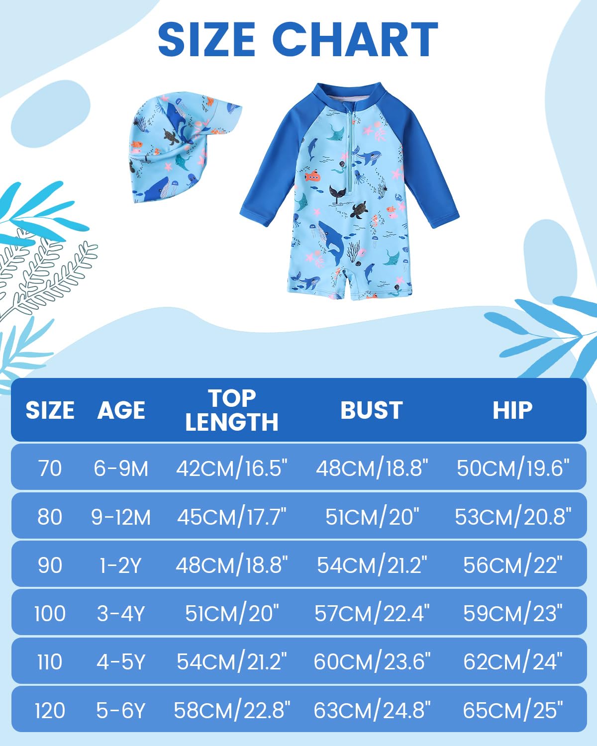 JiAmy Baby Boys Swimming Costume with Sun Hat Long Sleeve Zip Up Rash Guard Sun Protection Beach Infant Toddler Baby Swimsuit One Piece Bathing Suits Dark Blue 6-9 Months