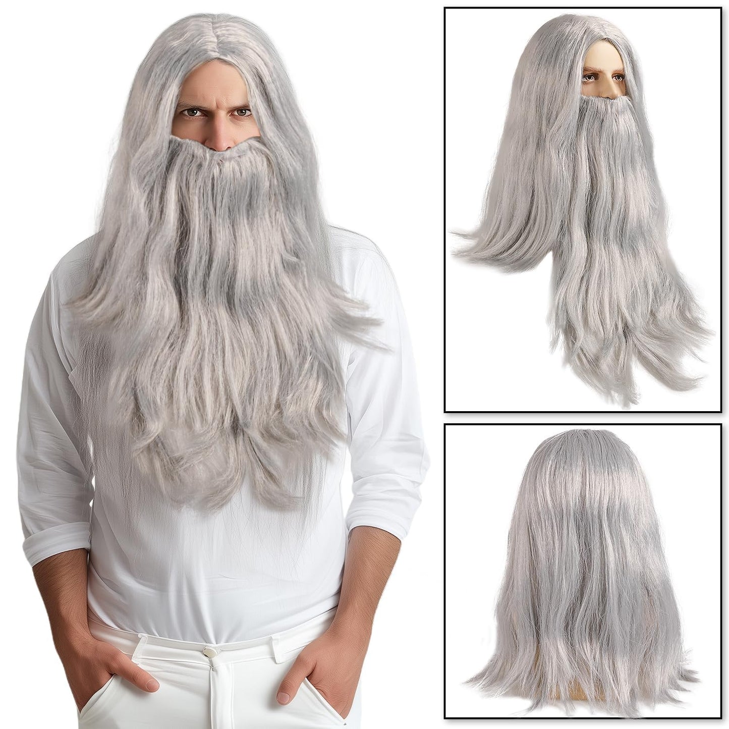 iZoeL World Book Day Costume Adult Teen Gray Wizard Costume Classic Old Wizard Outfit Book Character Dress-Up for Teacher Fancy Dress – Long Robe Hat Long Beard Wig Set
