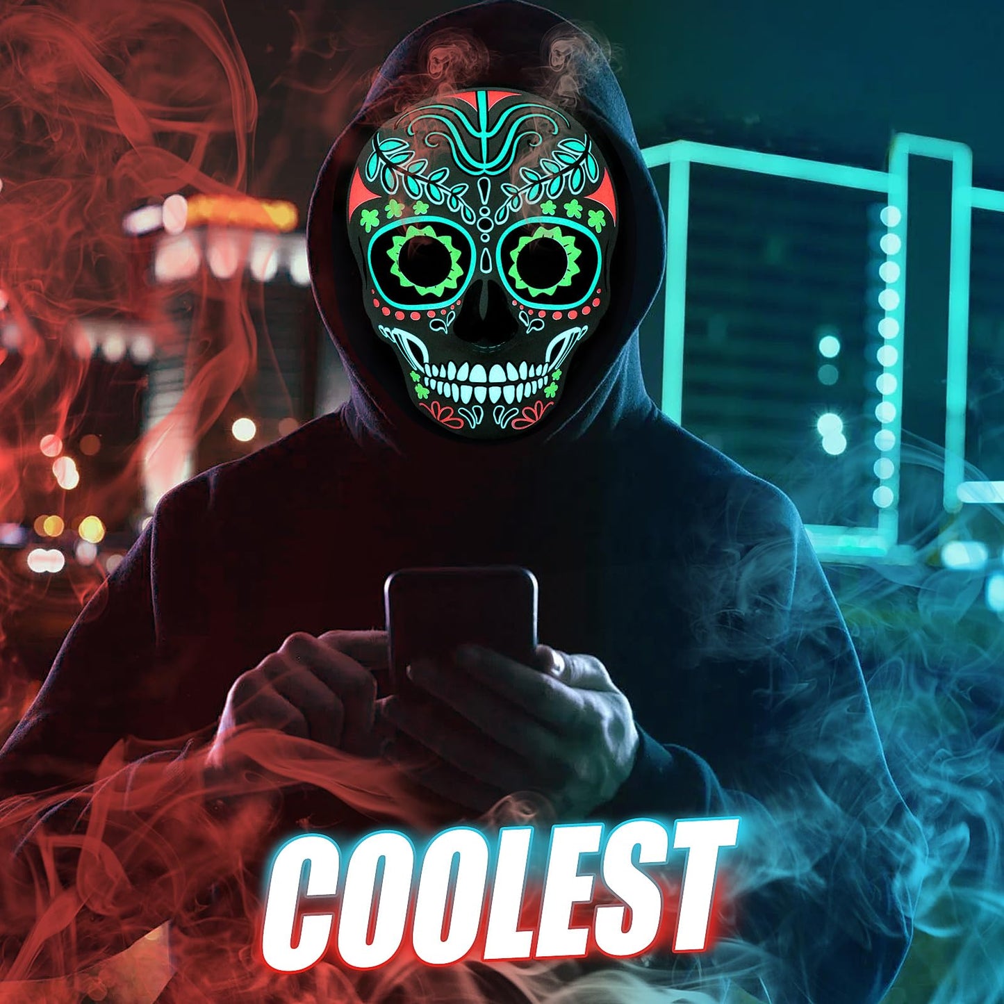 Meetory LED Halloween Mask for Adults, Light Up Mask Costume Day of the Dead Mask with 3 Lighting Modes and Adjustable Headband, Halloween Face Mask for Men Women