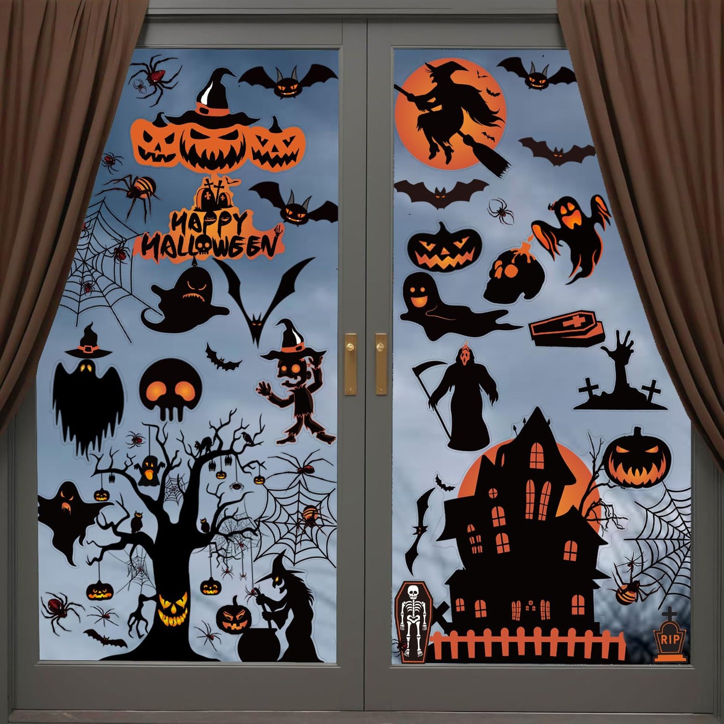 Halloween Decorations | 8 Sheet Halloween Window Stickers Clings Decals | Double Sided Reuseable Bats Spider Ghost Pumpkin Halloween Party |