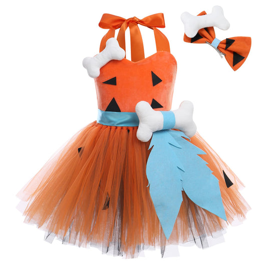 Cavegirl kids costume in orange with bone hair clip