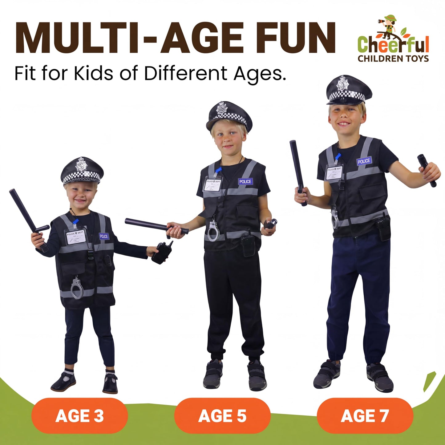 Police Costume Kids Ages 3-7, Complete Officer Set with Hat, Vest, Trousers & Siren Sound Walkie Talkie, Fancy Dress Roleplay Outfit for Halloween & Parties (Black Police Costume without Trousers)