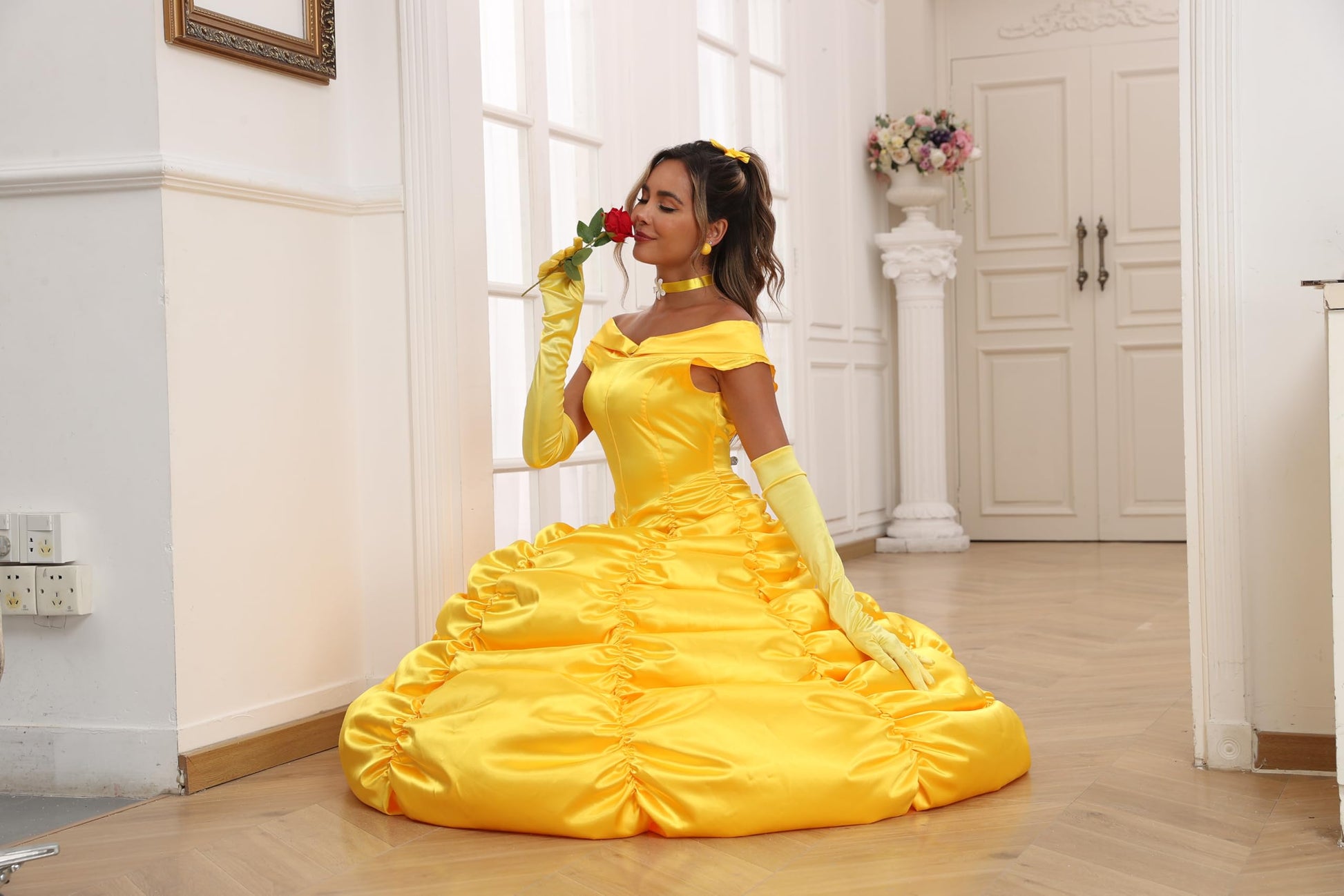 Princess Belle Costume Women Beauty Fairytale Long Dress Gown Off (image 6)