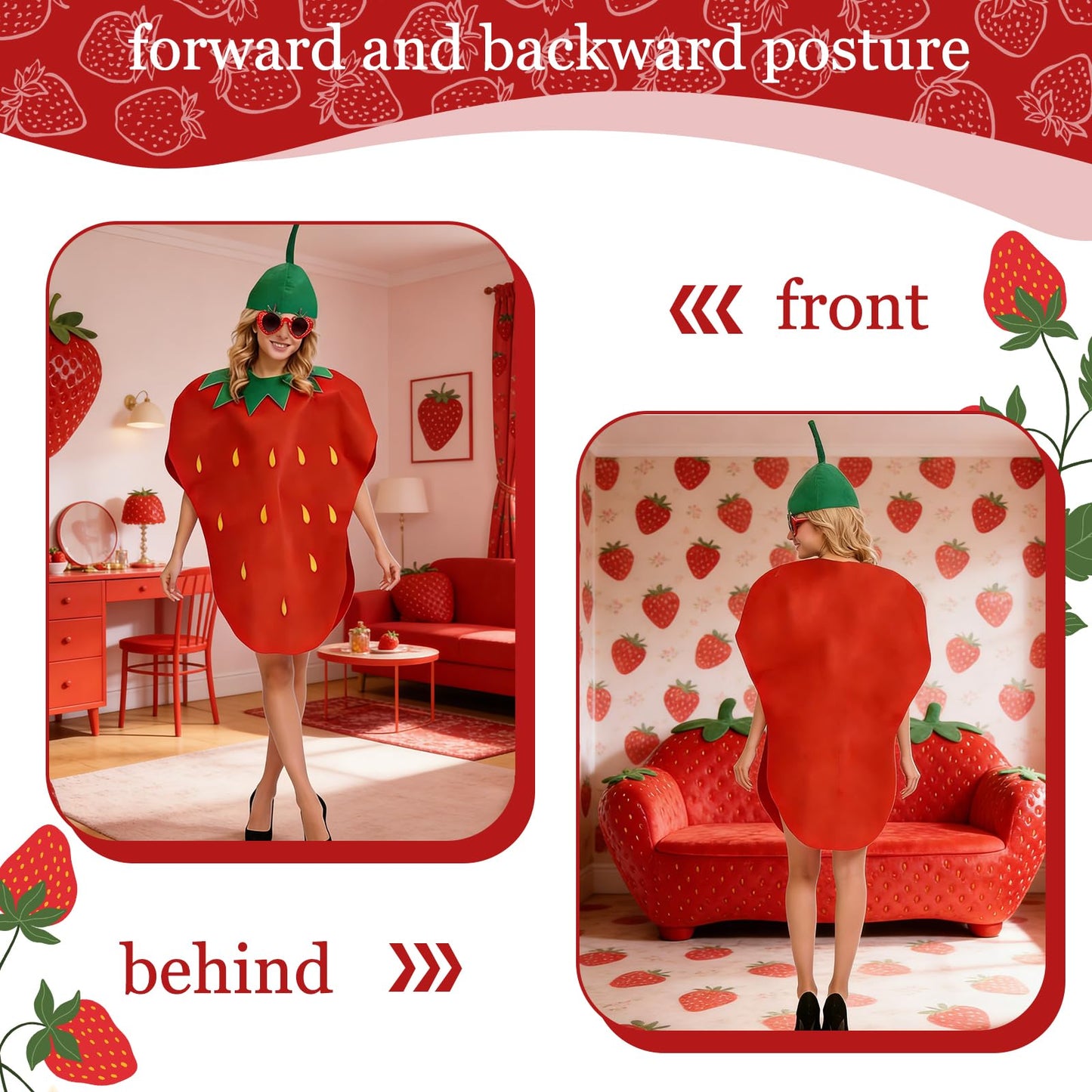 Strawberry Costume for Adults, Lightweight & Comfortable Funny Fruit Cosplay Outfit, Fancy Dress for Adult Fancy Dress Costumes - Hat, Dress & Glasses, for Halloween Themed Parties Cosplay Fun Events