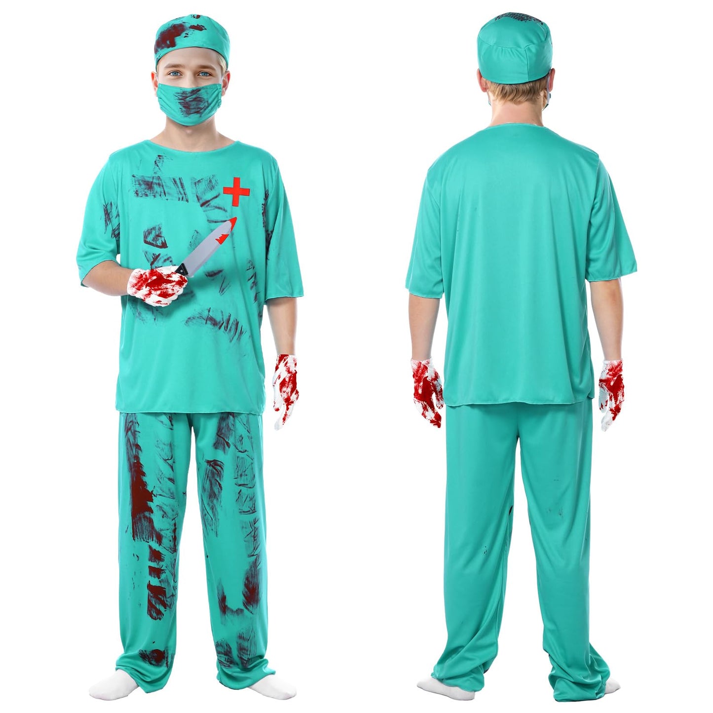 Joyesplay Bloody Surgeon Costume Fancy Dress Costume 7Pcs Set Surgeon Blue Couples Halloween Adult Scrubs Bloody Splatter Horror Halloween for Men