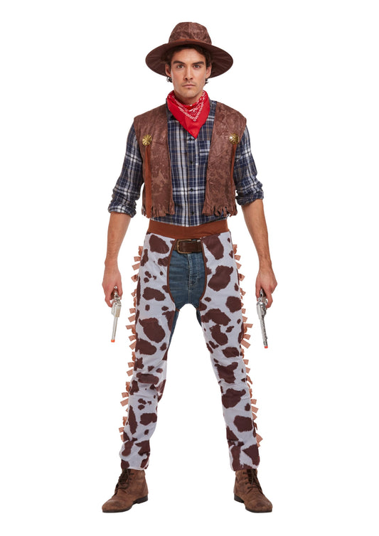 Adult mens cowboy fancy dress costume with hat and chaps