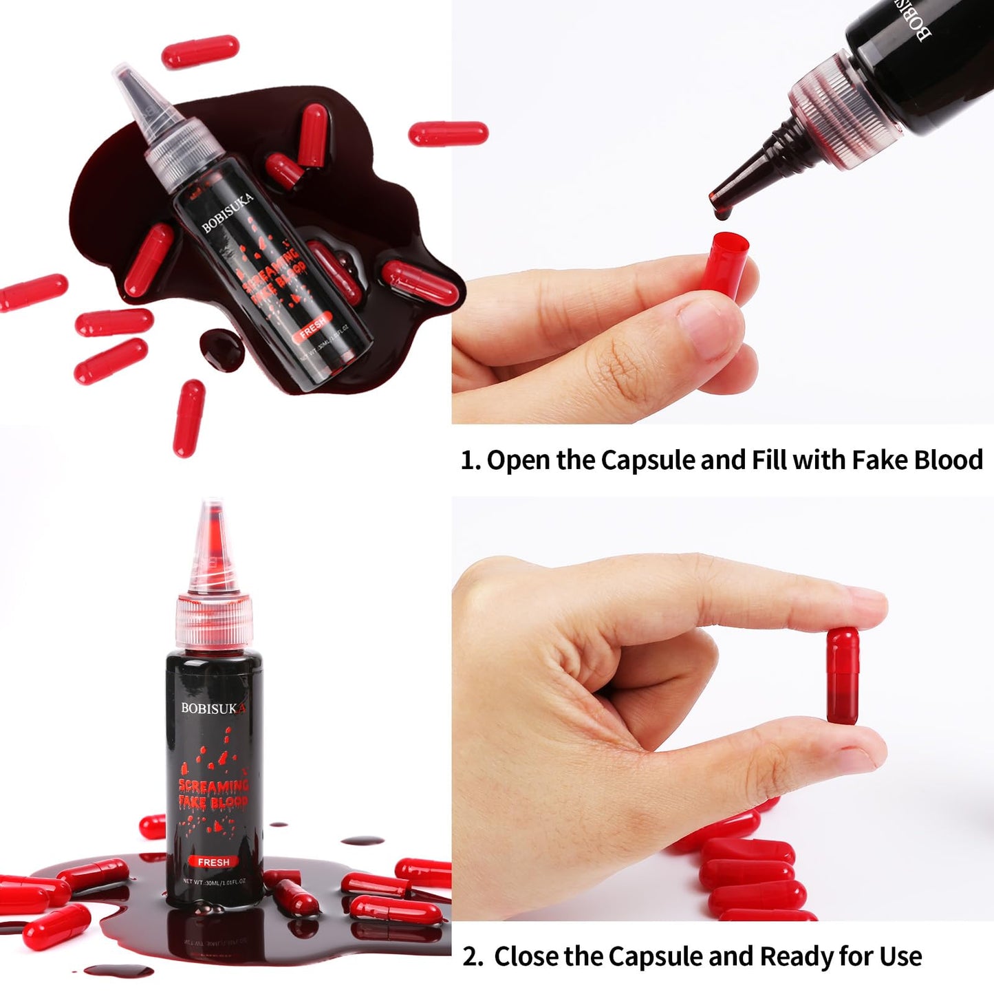Halloween Fake Blood SFX Makeup Kit – Fake Blood Spray, Dripping Blood, Coagulated Gel, 4 Wound Tattoos, Blood Capsules, Cleaner Soap – Realistic, Washable Makeup for Zombie/Vampire/Monster