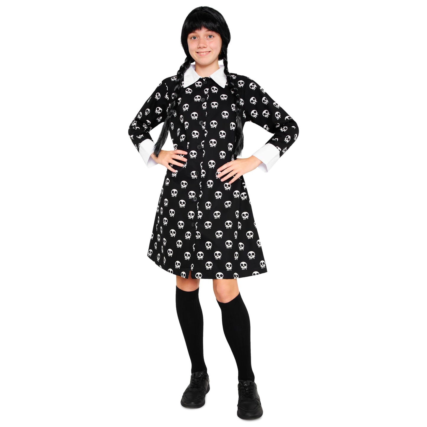 Wednesday Dress for Girls & Teens 7-16 Years, Halloween Dress with Long Sleeves & Peter Pan Collar, Halloween Costume Girls (Black AOP, 11-12 Years)